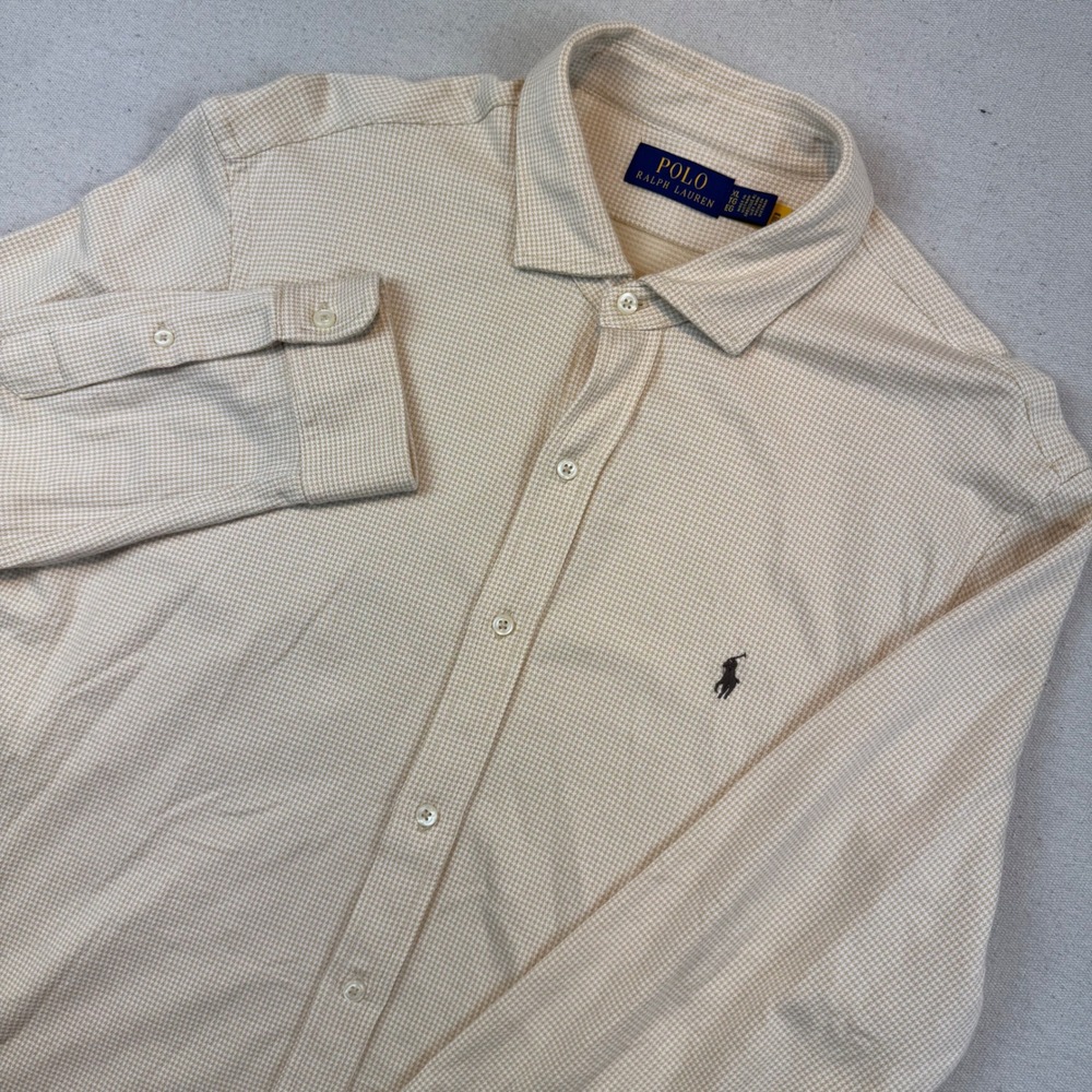 Polo Ralph Lauren XL Button Down Men Tan Houndstooth Long Sleeve Cotton Shirt